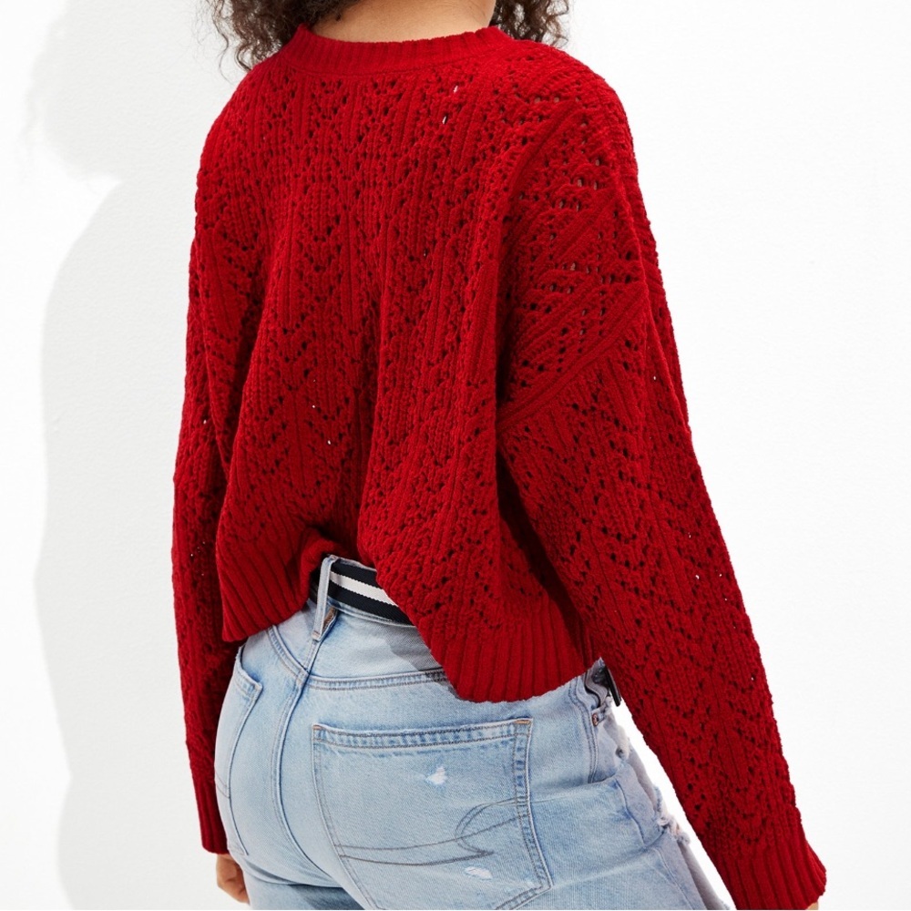 ❤️AE Cropped Pointelle Crewneck Sweater Red Small Valentines ❤️ - Picture 2 of 12